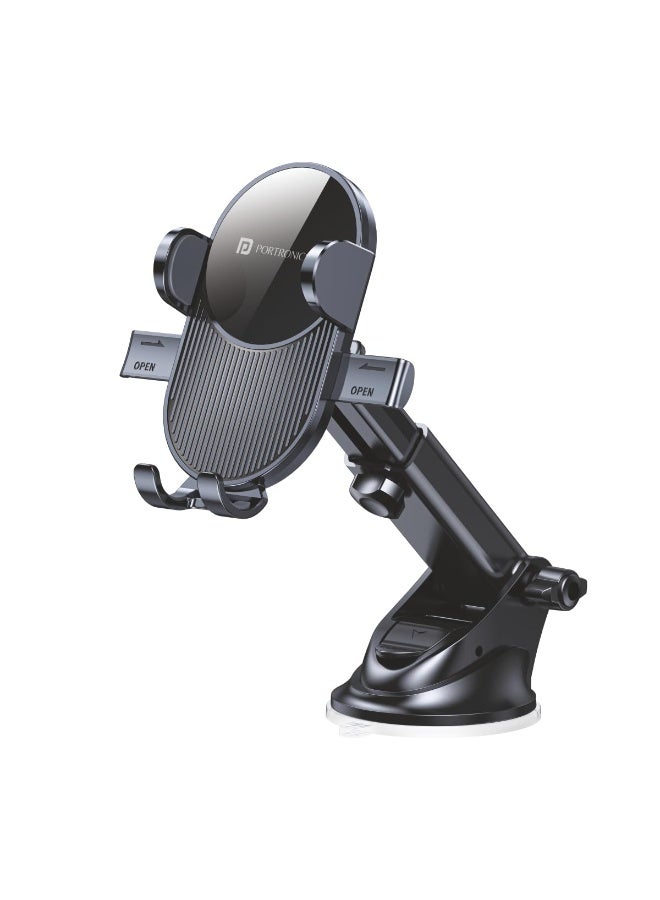 بورترونيكس Portronics Clamp M3 Adjustable Car Mobile Phone Holder Stand for Dashboard & Windshield, 360° Rotational, Strong Suction Cup, Compatible with 4 to 6 inch Devices(Black) - Image 1